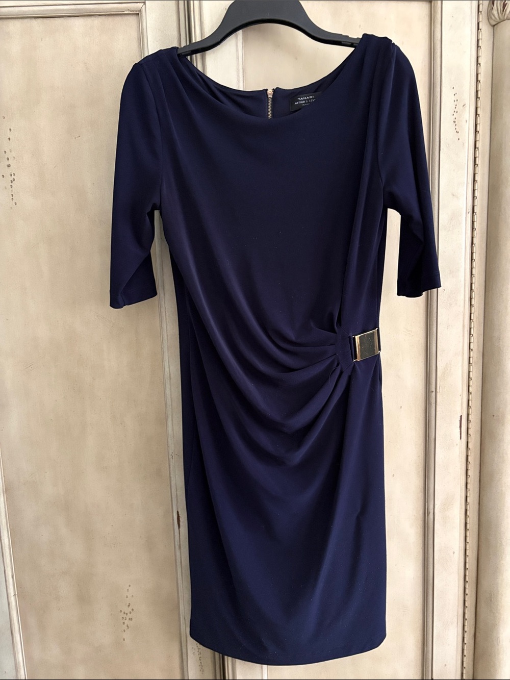 Elegant Navy Midi Dress with Side Buckle Detail